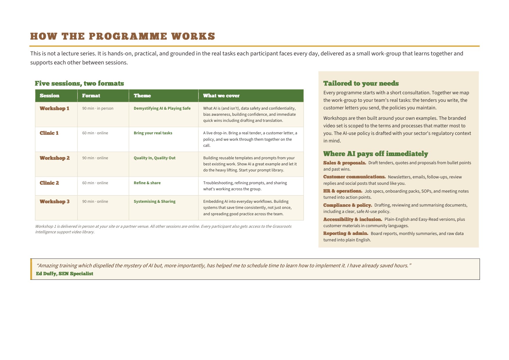 AI at Work brochure, page 2, how the programme works