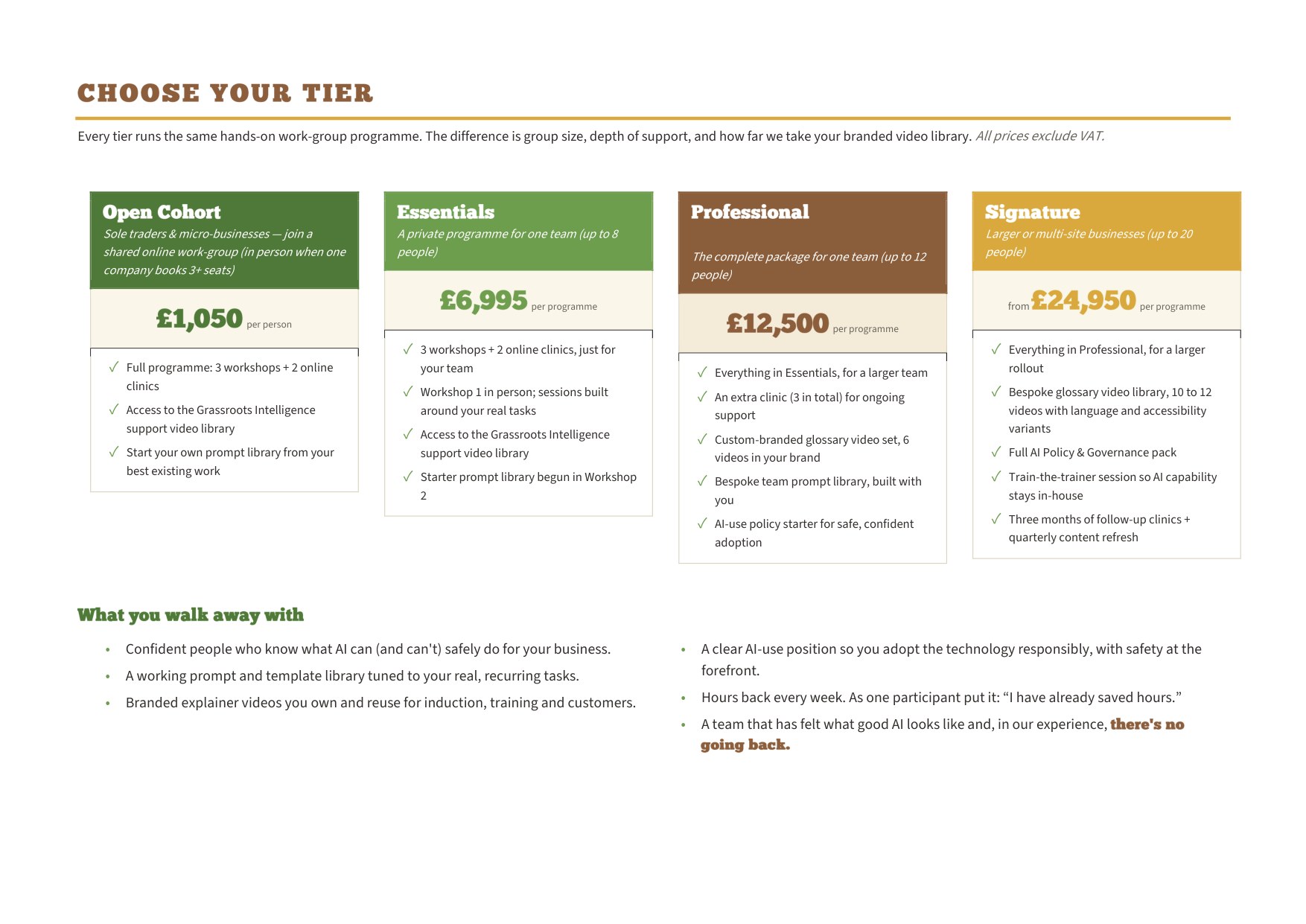 AI at Work brochure, page 3, choose your tier