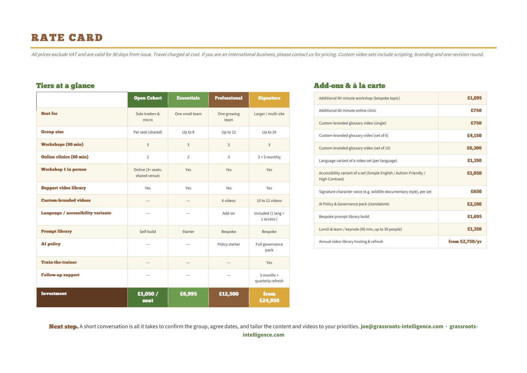 AI at Work brochure, page 4, rate card